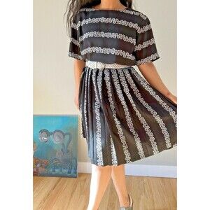 vtg 80s 90s Liz Claiborne cottagecore floral‎ black oversized midi skirt set 6